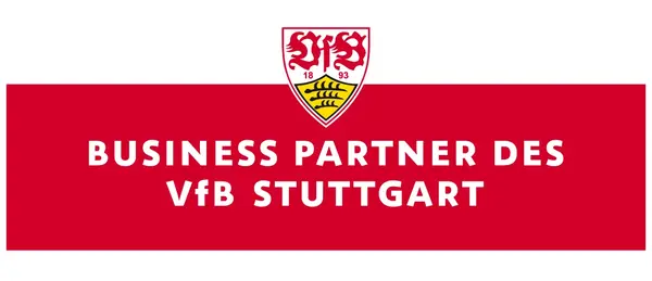 Rotes Banner mit VfB Stuttgart Logo und Text "Business Partner des VfB Stuttgart".