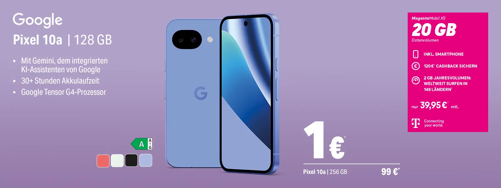 Werbebanner Google Pixel 10a Smartphone mit 128 GB und Tarif mit 20 GB Datenvolumen