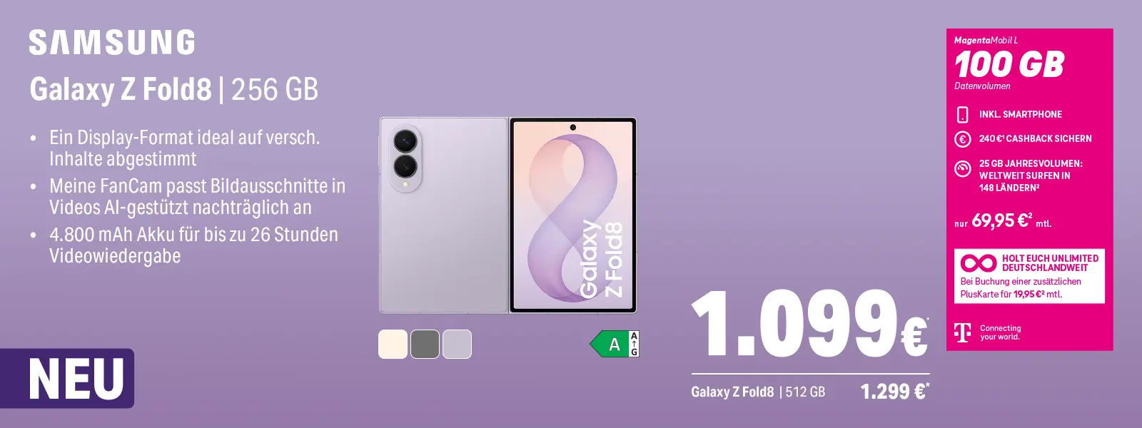 Samsung Galaxy Z Fold8 256 GB Angebot mit MagentaMobil L 100 GB Tarif