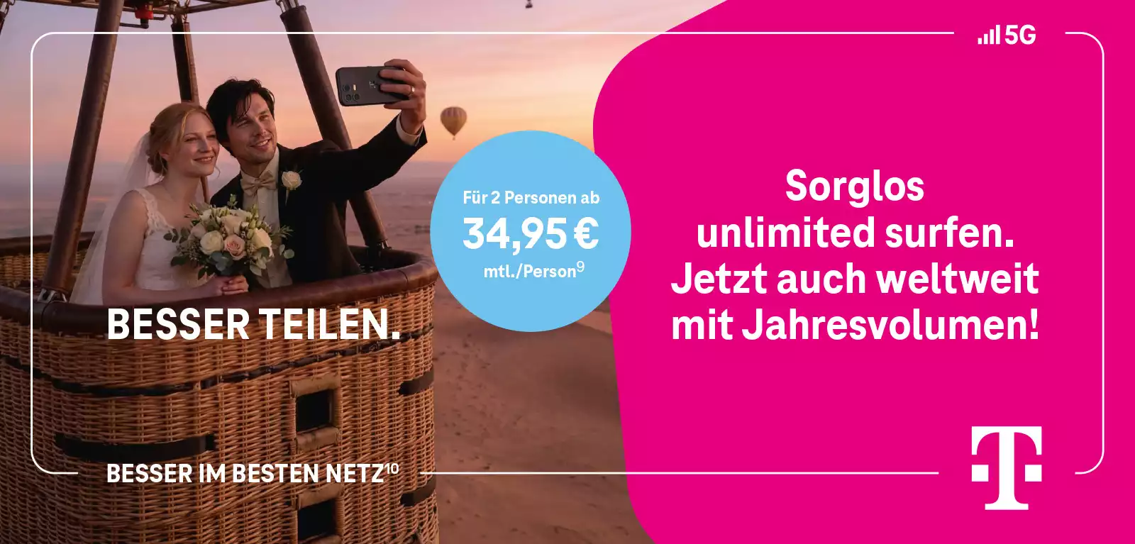 Brautpaar macht Selfie im Heißluftballon, Telekom 5G Unlimited Werbung