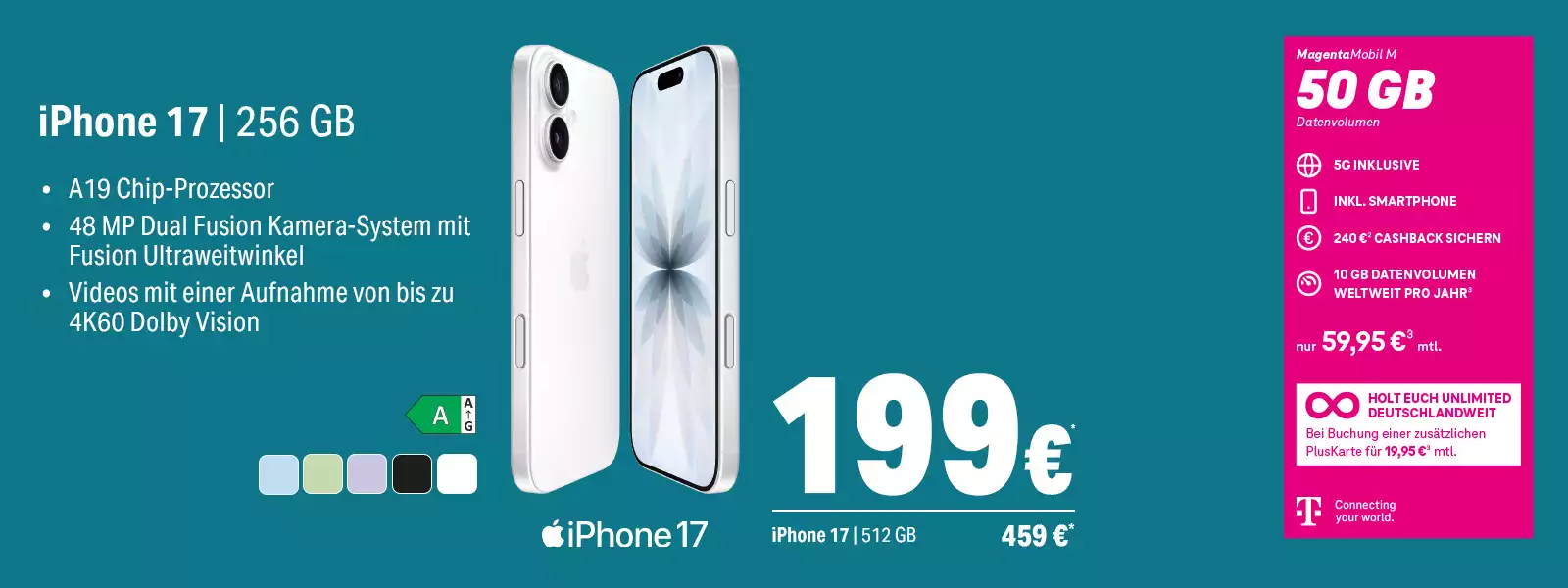 Werbebanner: iPhone 17 256 GB mit MagentaMobil M 50 GB 5G Tarifangebot