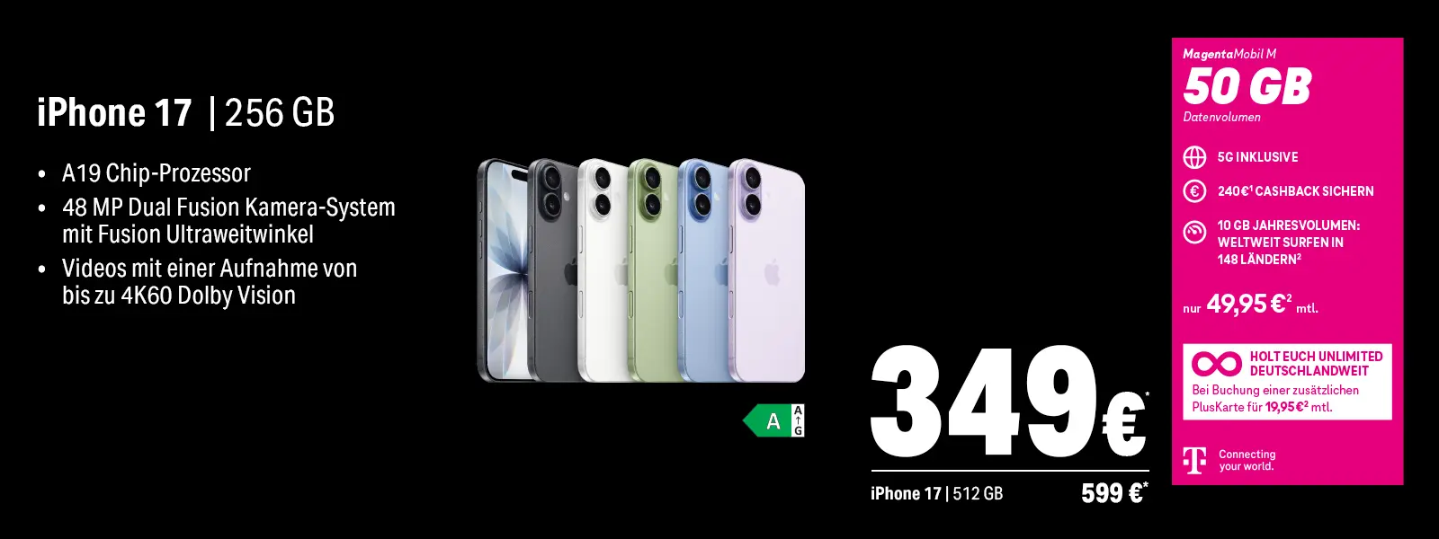 Werbeanzeige iPhone 17 256 GB mit A19 Chip, 48 MP Kamera und 5G-Tarif