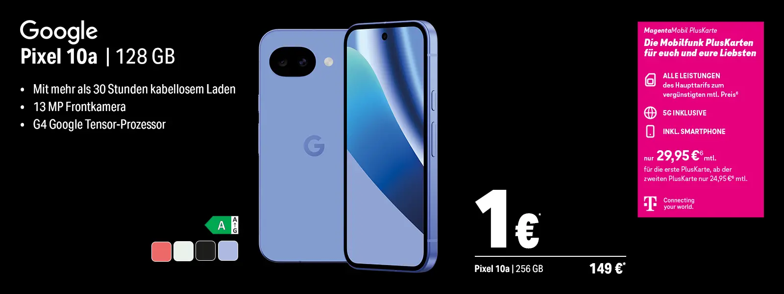 Werbeanzeige Google Pixel 10a Smartphone mit 128 GB Speicher, blaues Handy