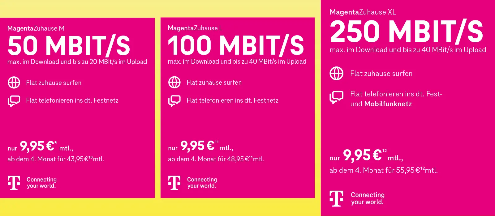 Telekom MagentaZuhause Tarife mit 50, 100 und 250 Mbit/s Internet-Flat