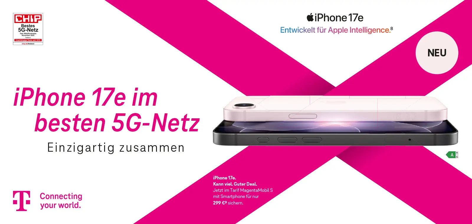 Telekom Banner: iPhone 17e Angebot im besten 5G-Netz, NEU-Label