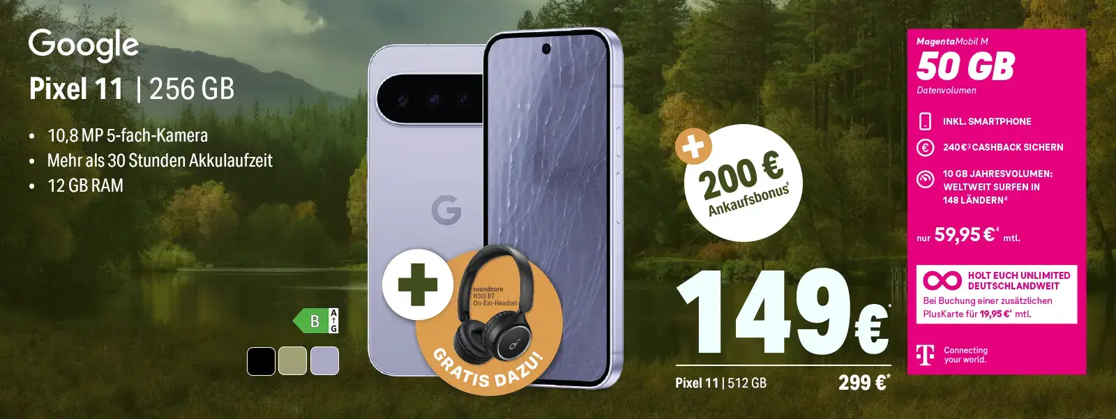 Werbebanner: Google Pixel 11 Smartphone mit Vertrag und Gratis-Kopfhörer.