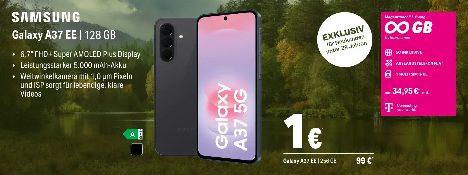 Werbebanner Samsung Galaxy A37 5G mit MagentaMobil Young Tarif und 128 GB