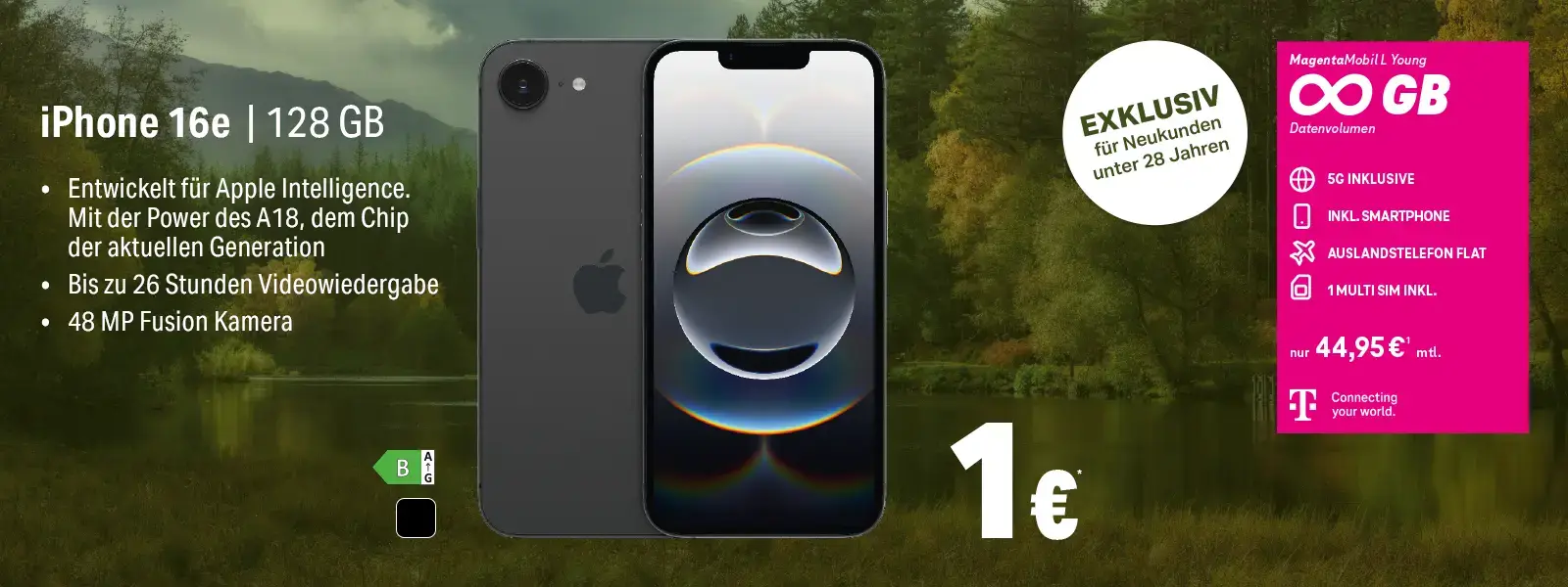 Werbebanner: iPhone 16e 128 GB mit MagentaMobil Young Tarif und 5G.