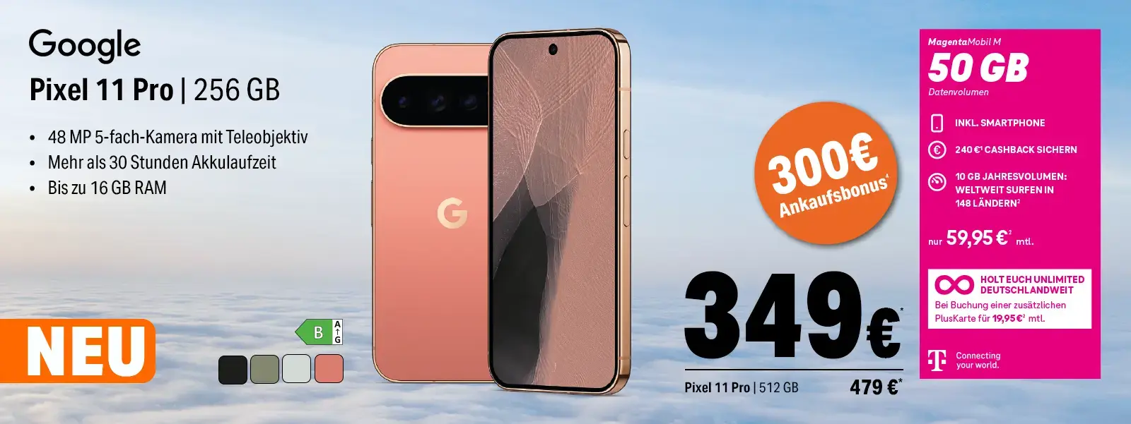 Werbebanner: Google Pixel 11 Pro Smartphone mit 50‑GB MagentaMobil‑Tarif