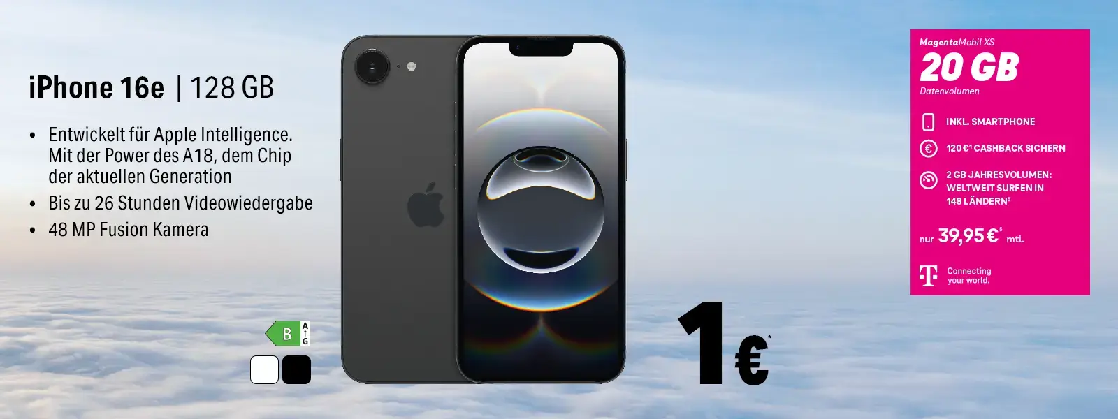 Werbebanner: iPhone 16e 128 GB mit Tarif, 20 GB Datenvolumen, 48 MP Kamera